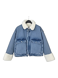 Peluş Yakalı Mavi Kot Ceket – Fermuarlı Oversize Denim Ceket