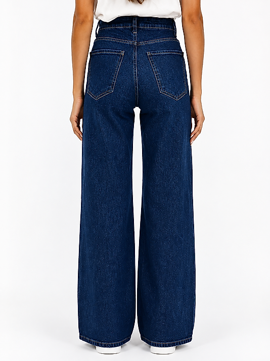 Kadın Yüksek Bel Koyu Mavi Wide Leg Jean Pantolon