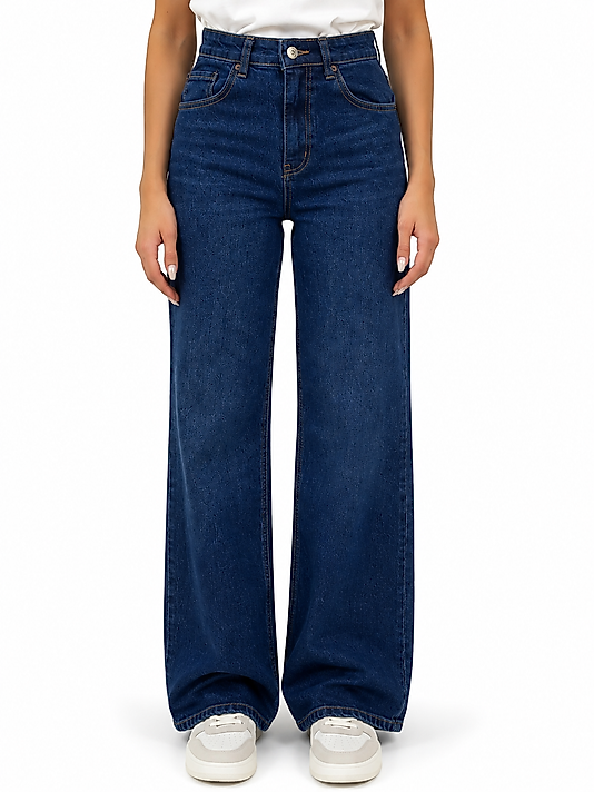 Kadın Yüksek Bel Koyu Mavi Wide Leg Jean Pantolon