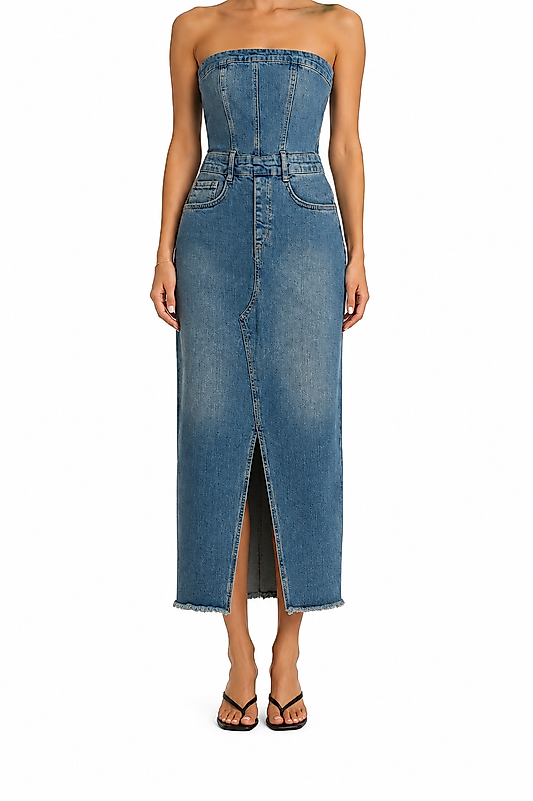 Likralı Straplez Yırtmaçlı Uzun Denim Elbise