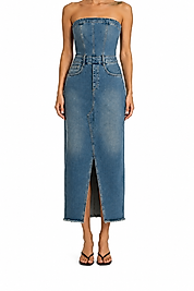 Likralı Straplez Yırtmaçlı Uzun Denim Elbise