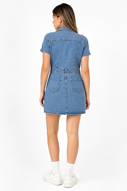 Kısa Kollu Cepli Düğmeli Denim Kot Elbise