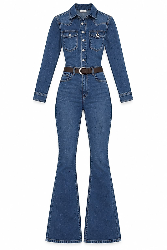 Kadın Mavi Denim İspanyol Paça Tulum