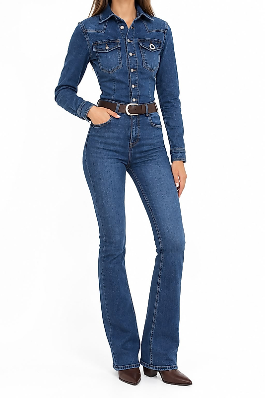 Kadın Mavi Denim İspanyol Paça Tulum